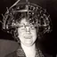 Woman wears a device on her head for intelligence measurement